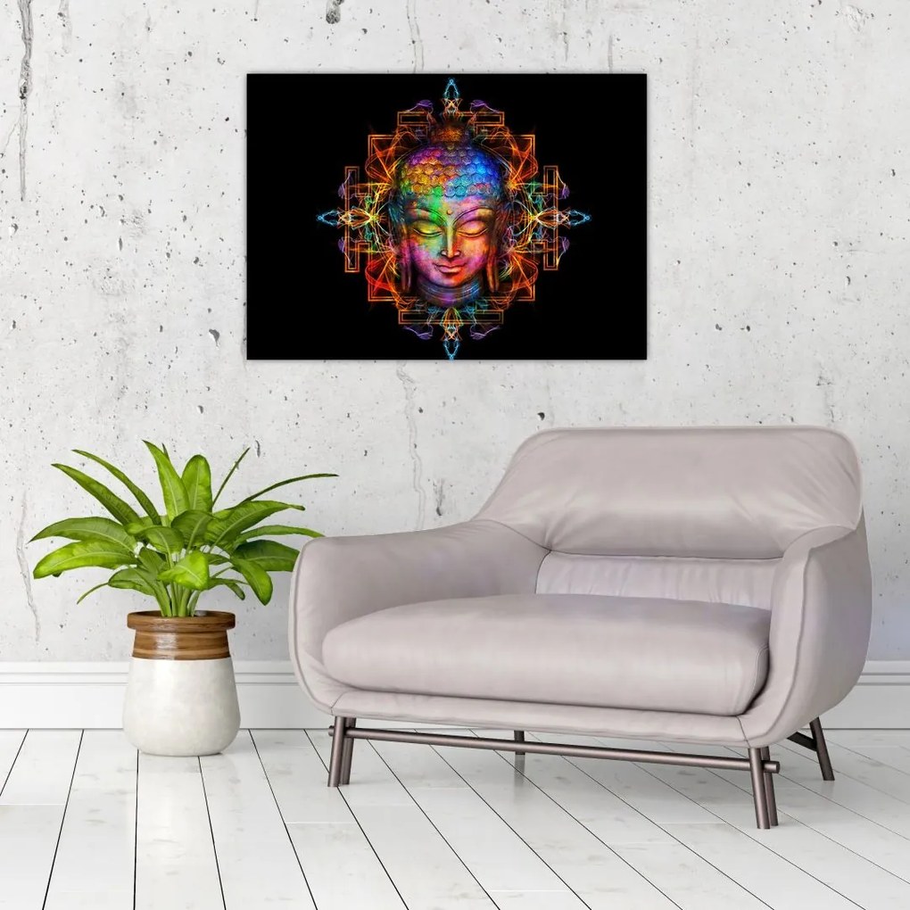 Tablou pe sticlă - Bustul lui Buddha în culori neon (70x50 cm)