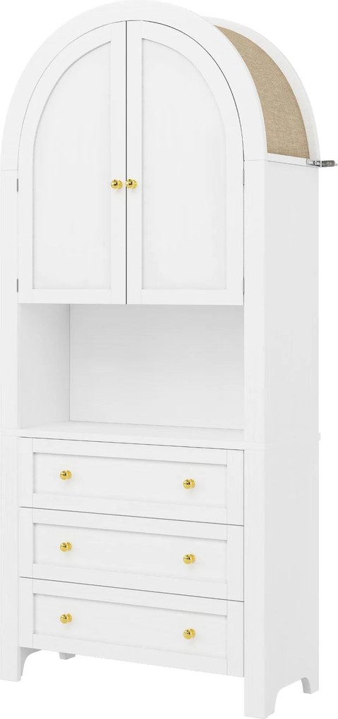 Dulap de depozitare înalt cu arc, cu 3 sertare, uși și compartiment deschis pentru expunere, pentru bucătărie și living, 70x35x180 cm, Alb