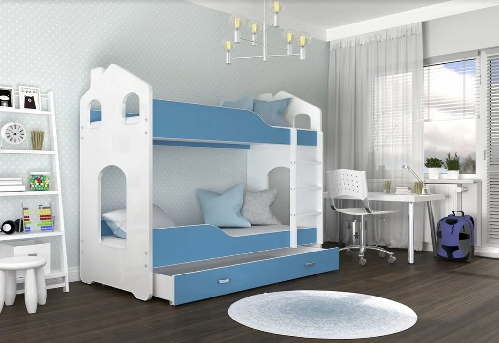 Supermobel Pat supraetajat copii DOMINIK 2 COLOR 2 Domek + saltea + somieră GRATIS, 160x80, alb/albastru