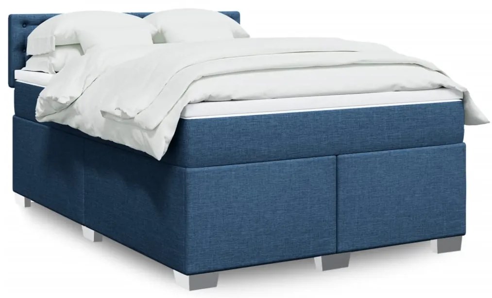 vidaXL Pat continental cu saltea, albastru, 160x200cm, material textil