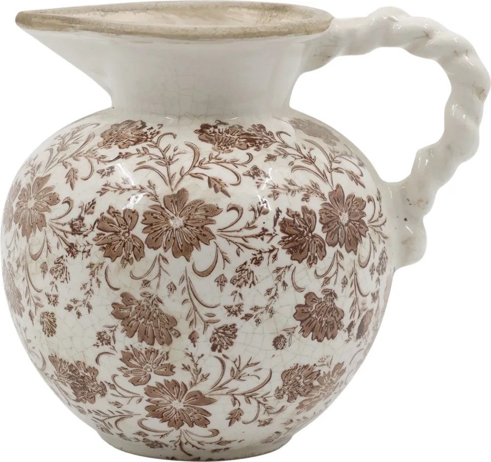 Carafă albă din ceramică antichizată, pictată manual, cu motiv floral natur, 18,5x20,5 cm, „Grenoble"
