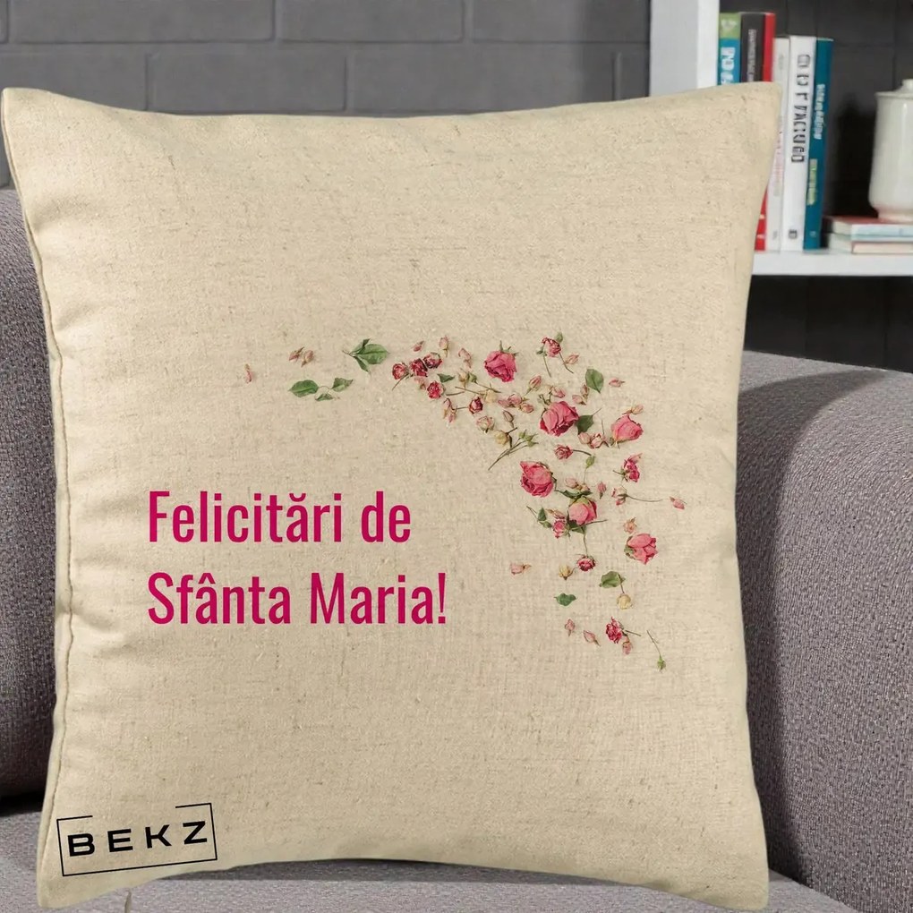 Cadou de Onomastica - Perna Personalizata Felicitari de Sfanta Maria, 40x40 cm, Bej, Husa Detasabila, Perna Inclusa, BEKZ®