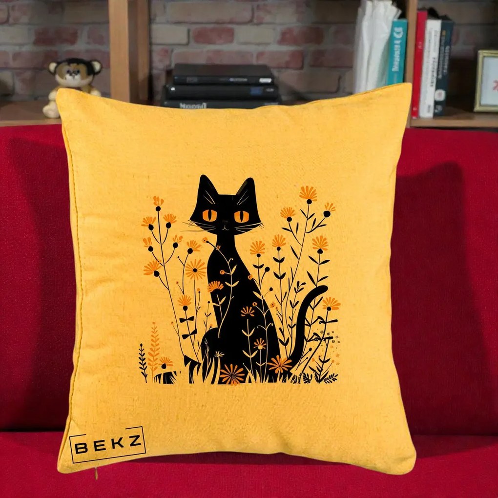 Perna Decorativa Pisica Neagra Ochi Galbeni Flori Galbene, 40x40 cm, Galben, Husa Detasabila, Perna Inclusa, BEKZ®