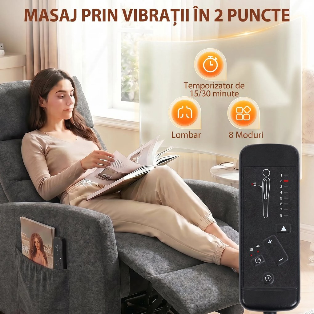 HOMCOM Fotoliu Reclinabil Manual cu Masaj 160°, Chenille, Suport Picioare, Telecomandă, Buzunare, Gri Închis | Aosom Romania