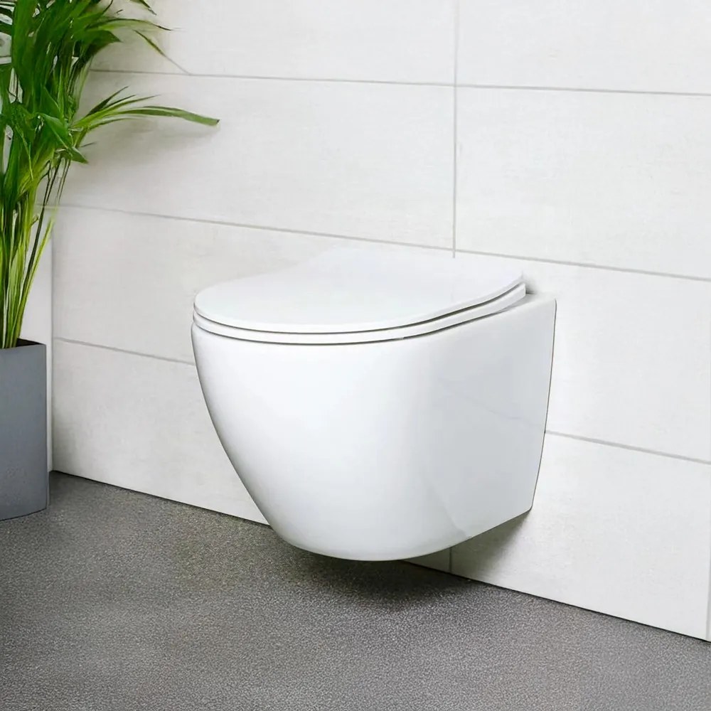 Toaletă Delano fără ramă, montată pe perete, cu capac cu închidere silențioasă