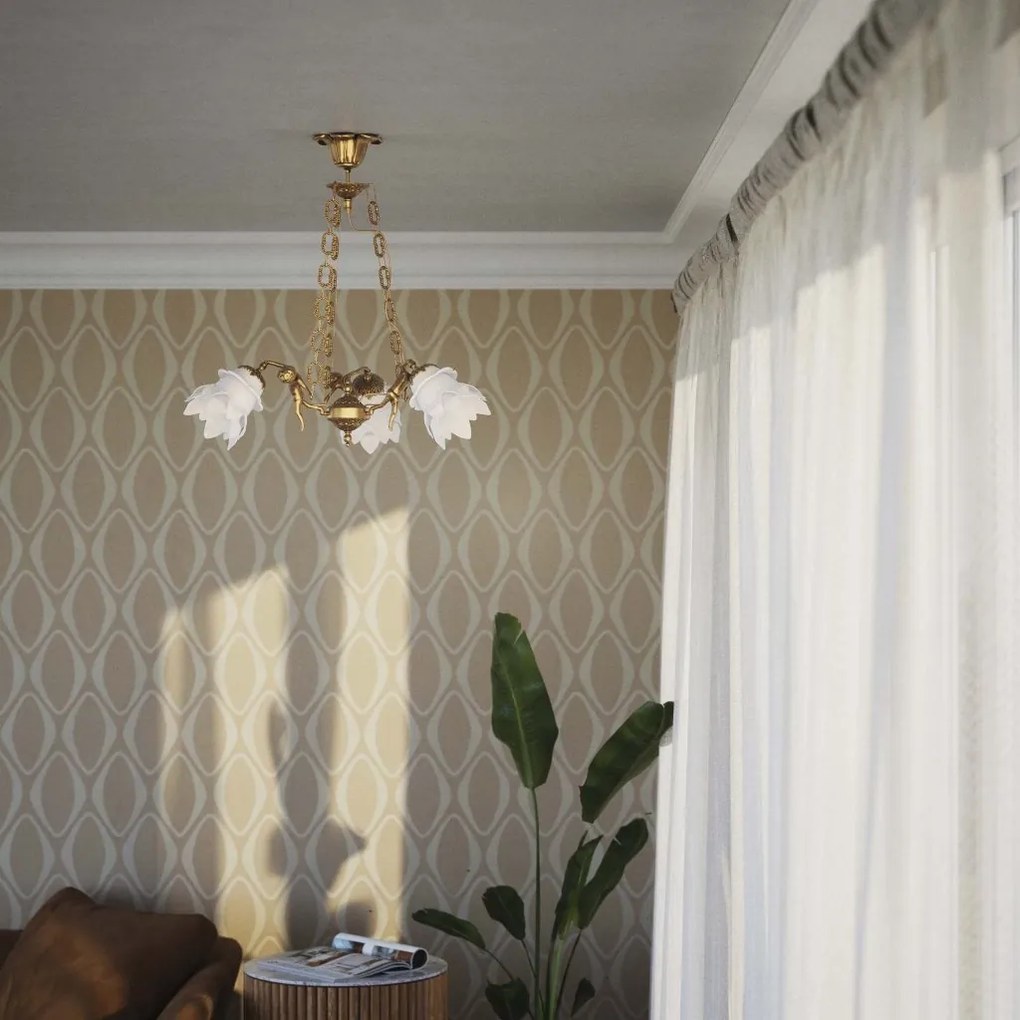 Candelabru 3 brate din alama cu abajur din sticla Putti