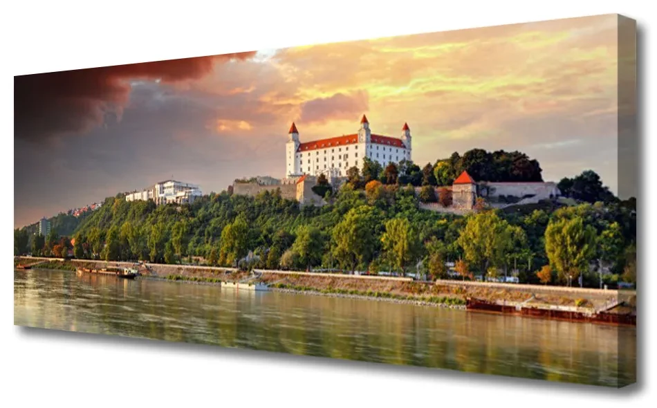 Tablou pe panza canvas City Lake Peisaj Alb Brun Verde