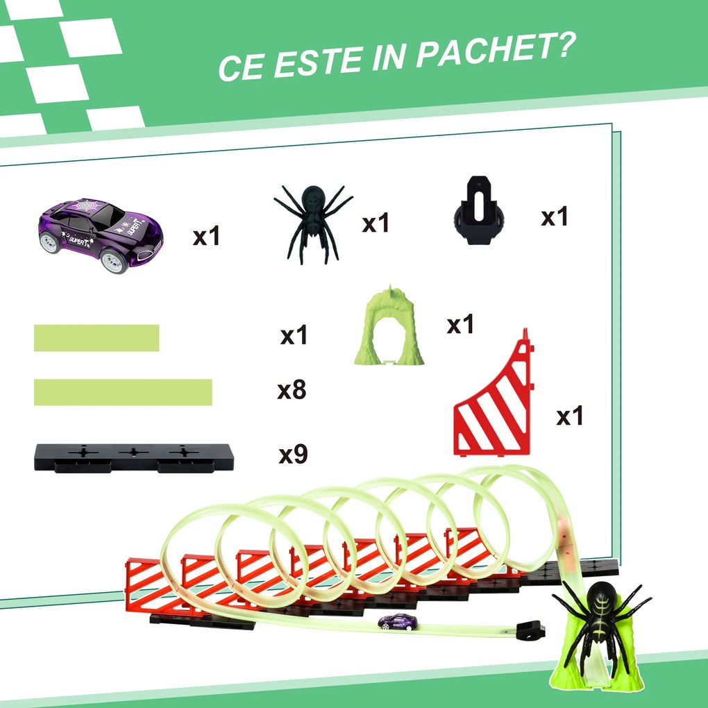 HOMCOM Pista de Curse pentru Copii cu Efecte Luminoase și Mașinuță Inclusă, Jucărie Educativă Verde și Roșu pentru 3-6 Ani | Aosom Romania