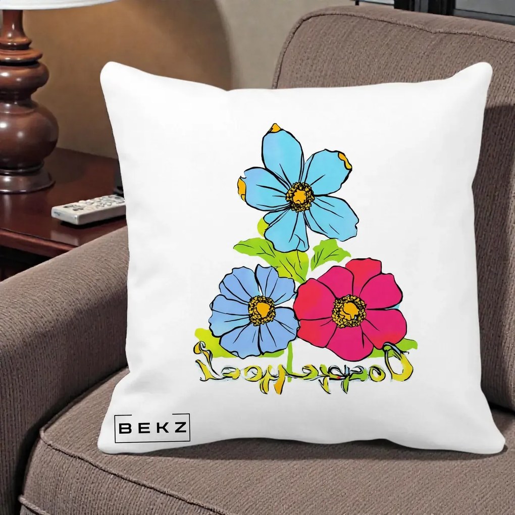 Perna Decorativa Trei Flori Grafice Pop Art, 40x40 cm, Alba Mata, Husa Detasabila, Perna Inclusa, BEKZ®