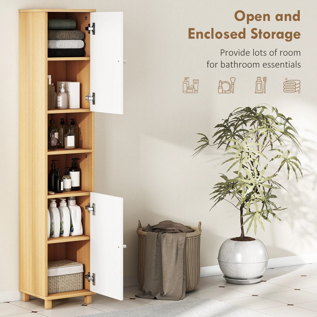 HOMCOM Dulap de Baie înalt cu Uși, 2 Rafturi Deschise, 2 Dulapuri, Dulap de Baie Economisitor de Spațiu cu Rafturi Reglabile pentru Sala de Mese Sufragerie, 30x30x166 cm, Alb și Lemn | Aosom Romania
