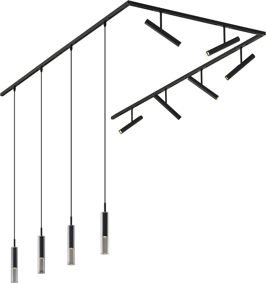 Sistem de iluminat pe șină modern negru cu 6 spoturi și 4 lumini suspendate negre monofazate - Slimline Avery Loyce