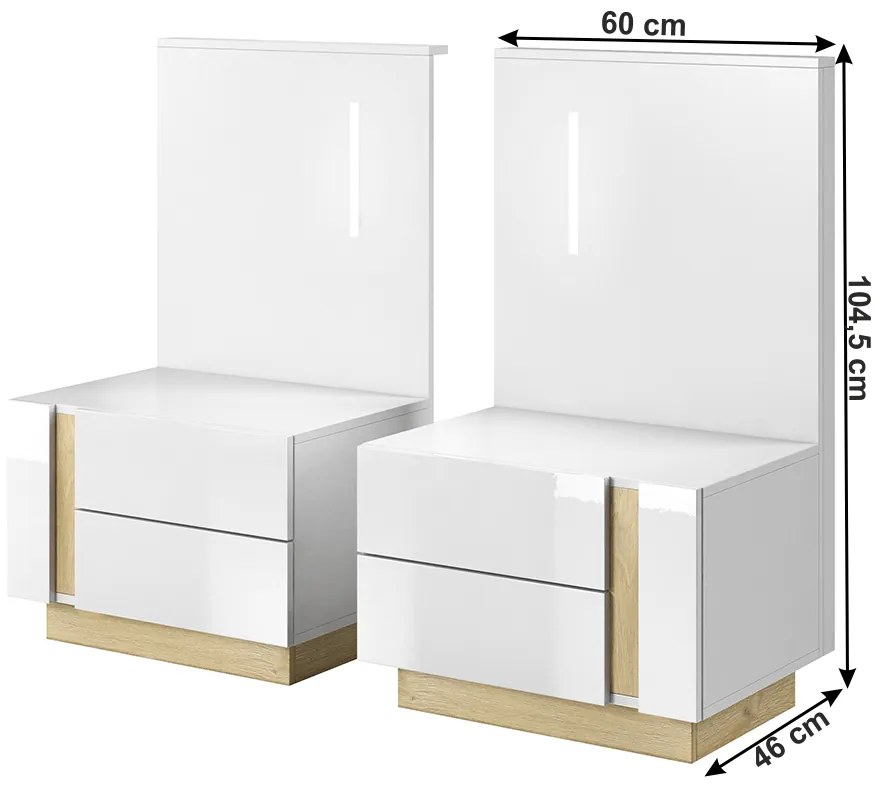 Set 2 noptiere , sertare push-open, alb lucios stejar grandson , led inclus,Bortis Impex