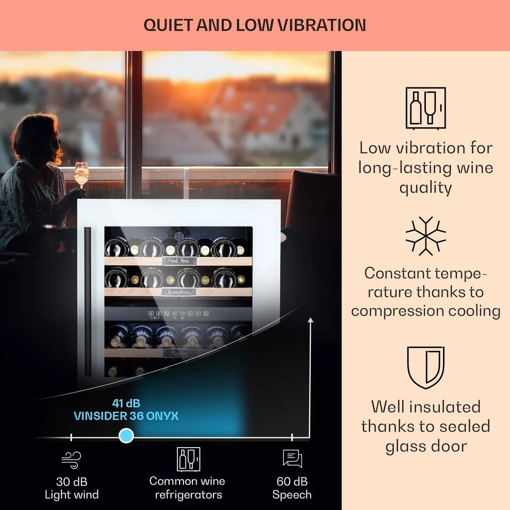 Klarstein Vinsider 36 Quartz Edition, frigider pentru vin, 2 zone de răcire, 5-22 °C, 85 l