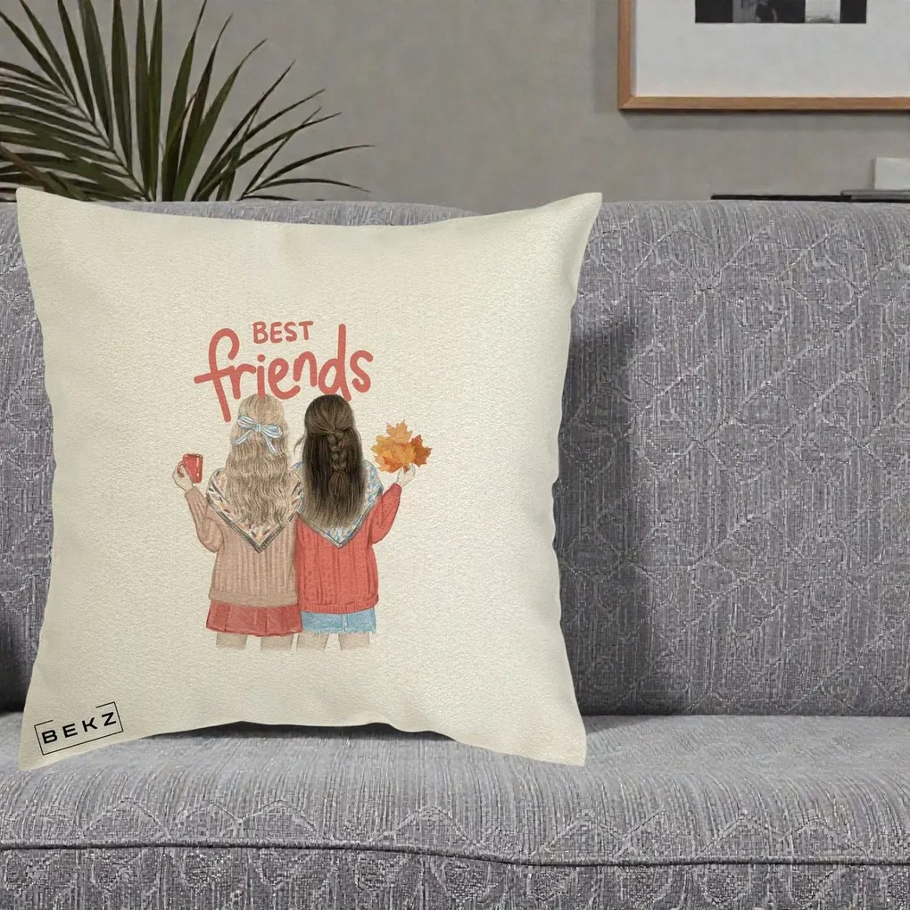 Cadou pentru Prieteni - Perna Personalizata Best Friends Toamna, 40x40 cm, Ecru, Husa Detasabila, Perna Inclusa, BEKZ®