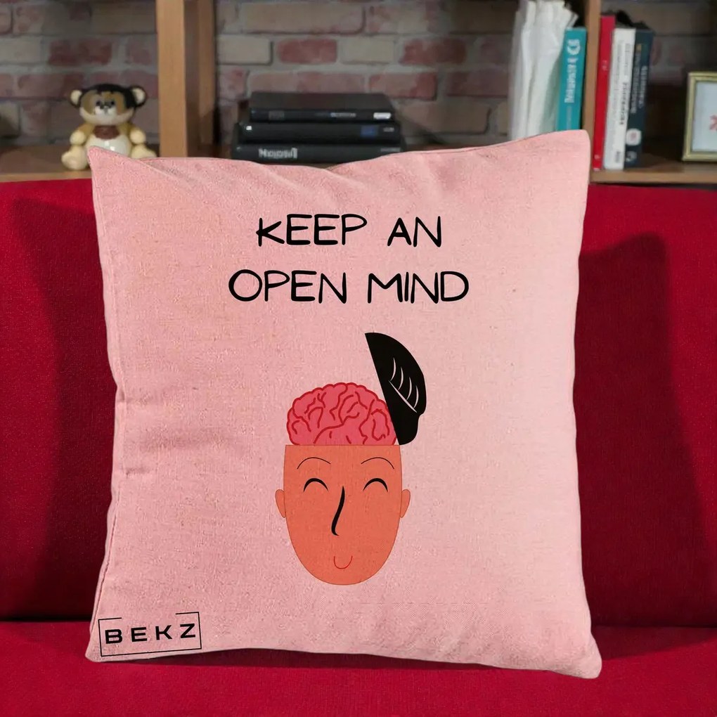 Perna Decorativa Keep An Open Mind, 40x40 cm, Roz, Husa Detasabila, Perna Inclusa, BEKZ®