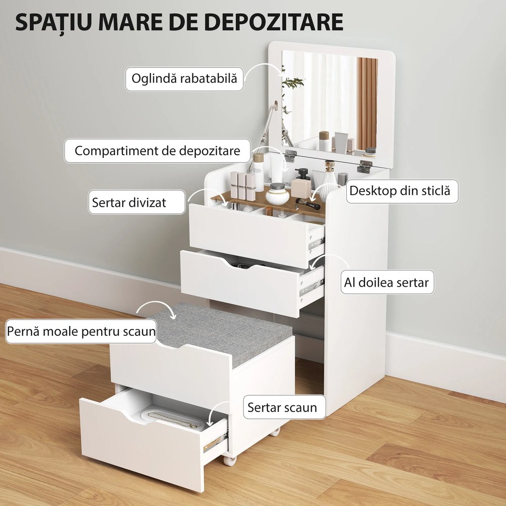 HOMCOM Stație de Machiaj 3 în 1 cu Oglindă Rabatabilă, Scaun Ascuns, Toaletă de Machiaj cu Scaun Tapițat pe Roți, 3 Sertare, Blat din Sticlă Transparentă, Compartiment, Compact, Alb | Aosom Romania