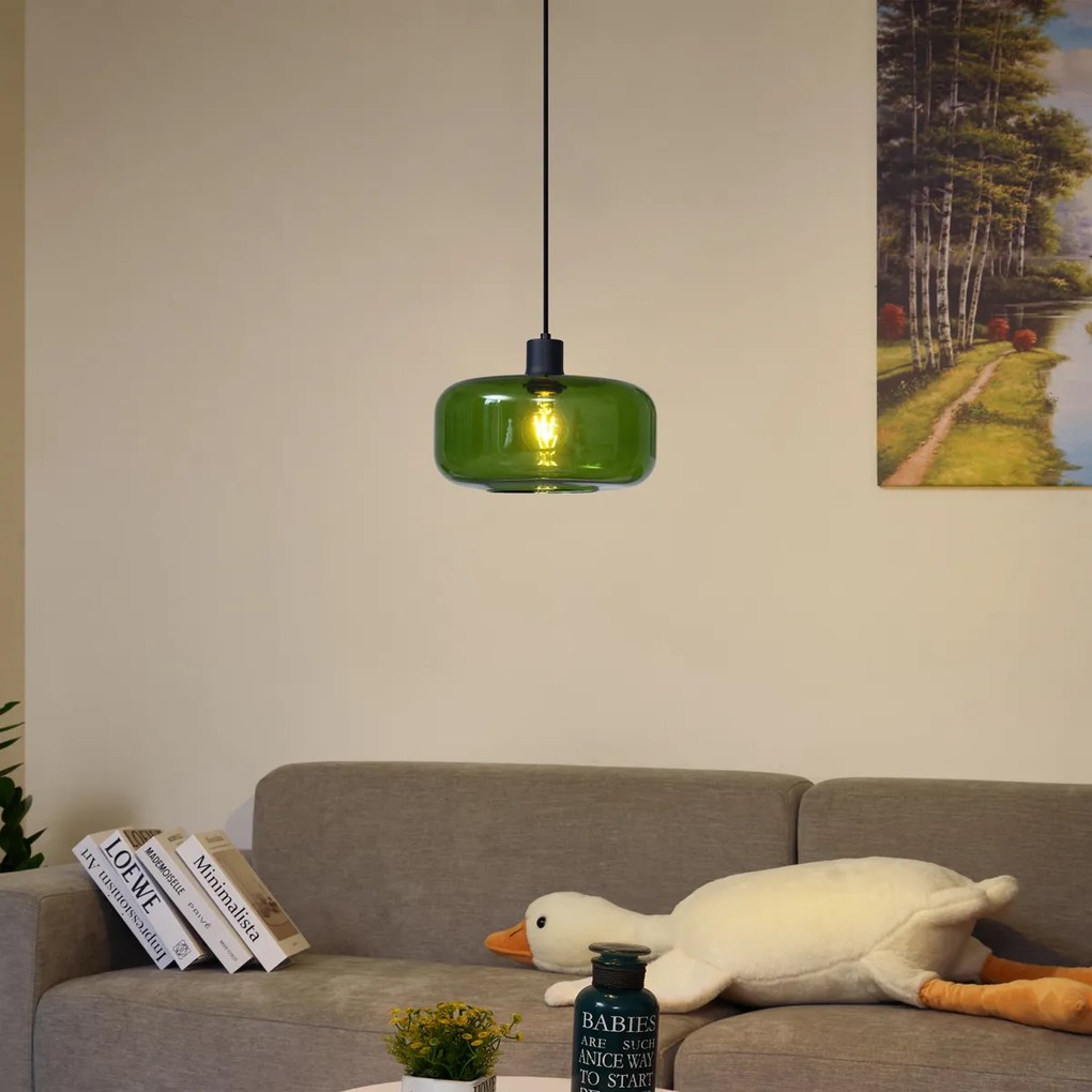 Lampă pandantiv retro neagră cu sticlă verde - Bizle