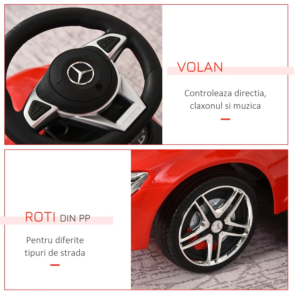 HOMCOM Mașină cu Maner pentru Copii, Licență Mercedes, Acoperiș și Bare de Siguranță Detasabile, Roșie | Aosom Romania