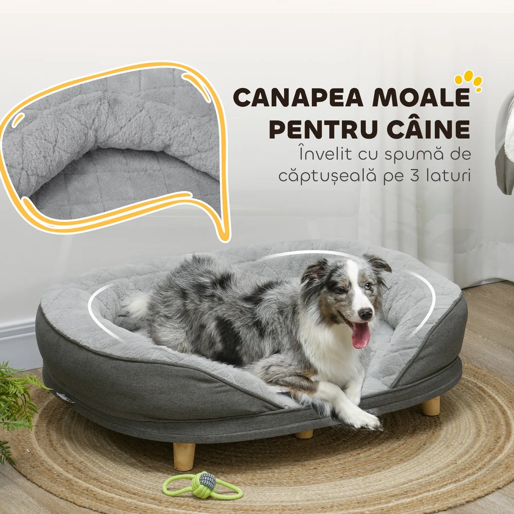 PawHut Canapea pentru Câini cu Pernă, Hușă Detașabilă, Bază Înălțată și Picioare Antiderapante, 90x78x25 cm, Gri | Aosom Romania
