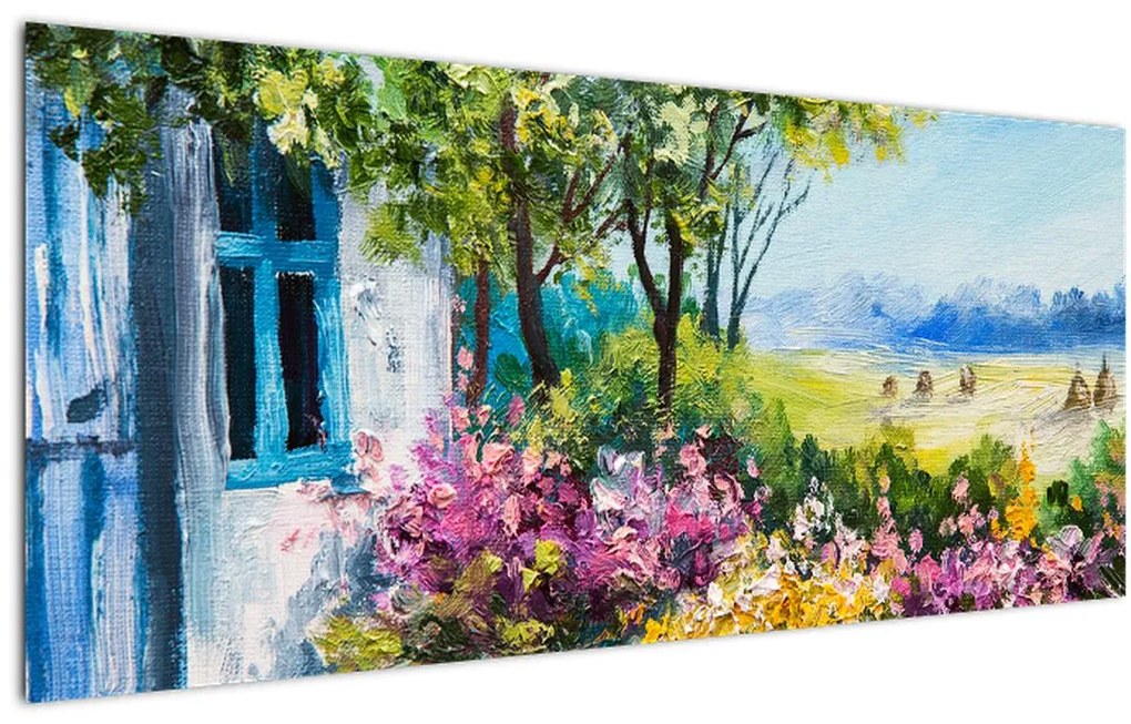 Tablou - Grădina din fața casei, pictură în ulei (120x50 cm)