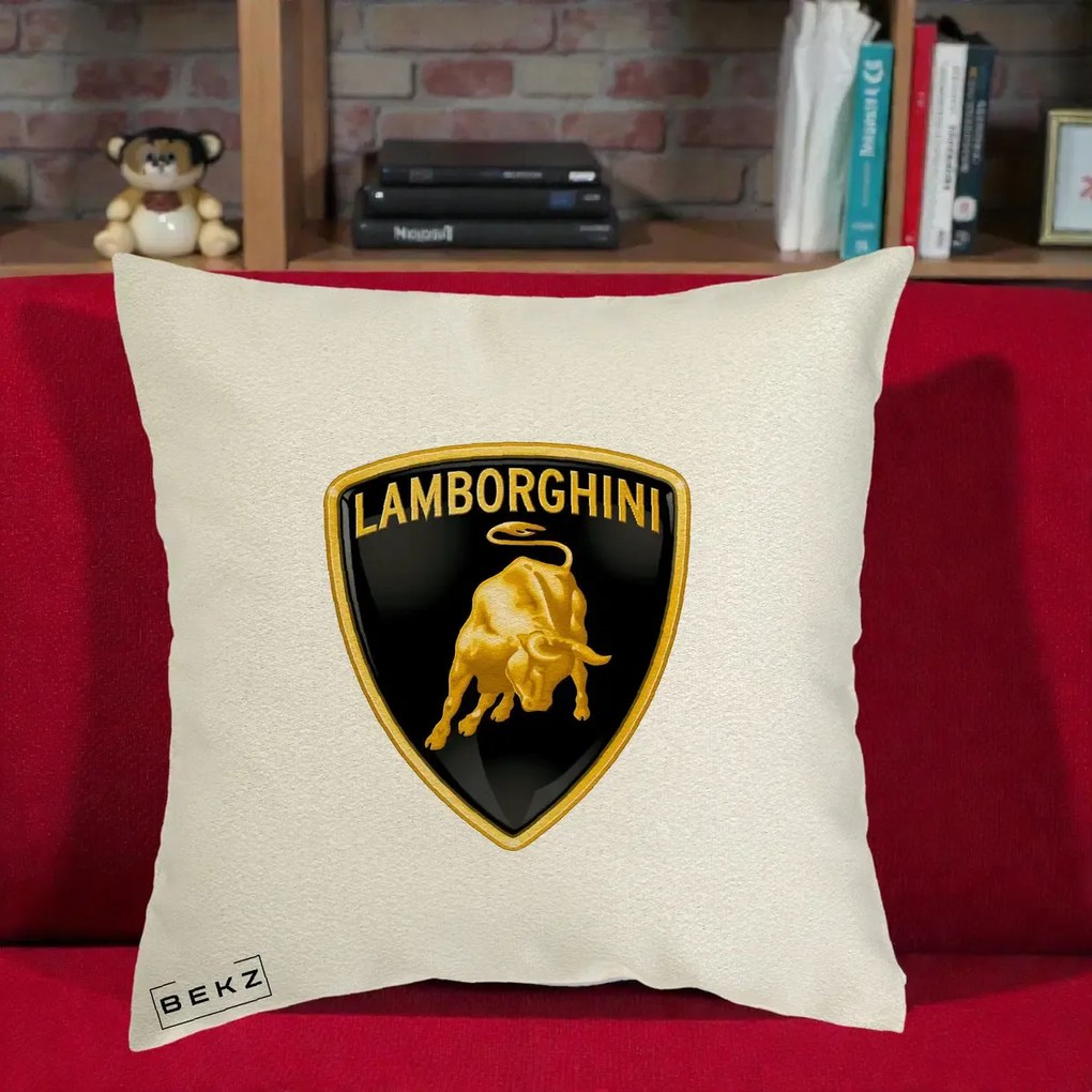 Perna Personalizata cu emblema Lamborghini, 40x40 cm, Ecru, Husa Detasabila, Perna Inclusa, BEKZ®