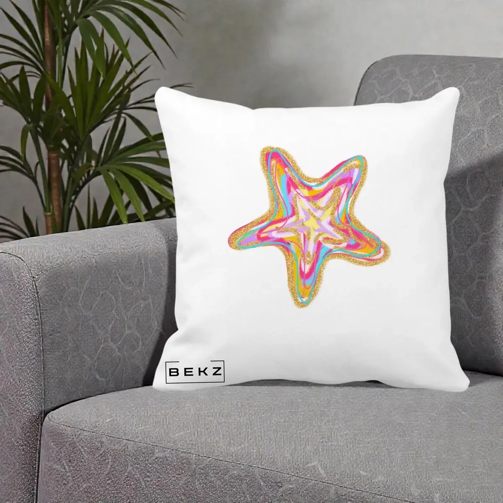 Perna Decorativa Stea de Mare Neon Curcubeu, 40x40 cm, Alba Mata, Husa Detasabila, Perna Inclusa, BEKZ®