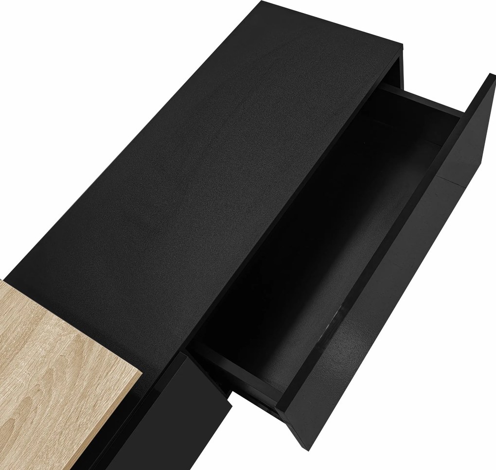 Comodă TV cu iluminare LED, spațiu de depozitare și rafturi din sticlă, 170x33x33,5 cm, Culoare naturală+Negru