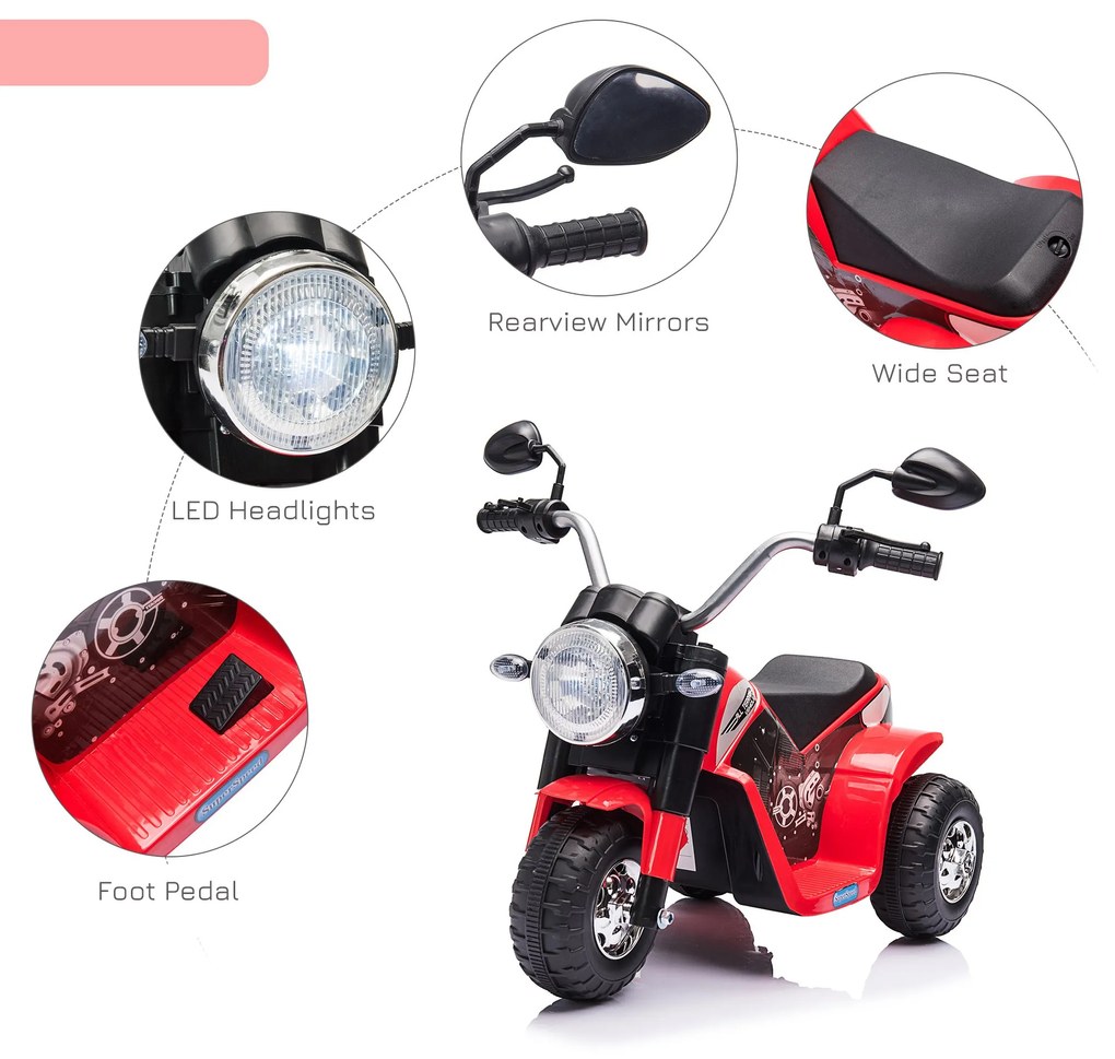 Motocicleta Electrica HOMCOM cu Baterie Reincarcabila 6V, Viteza 2km/h, de la 18-36 Luni, Rosie | Aosom Romania