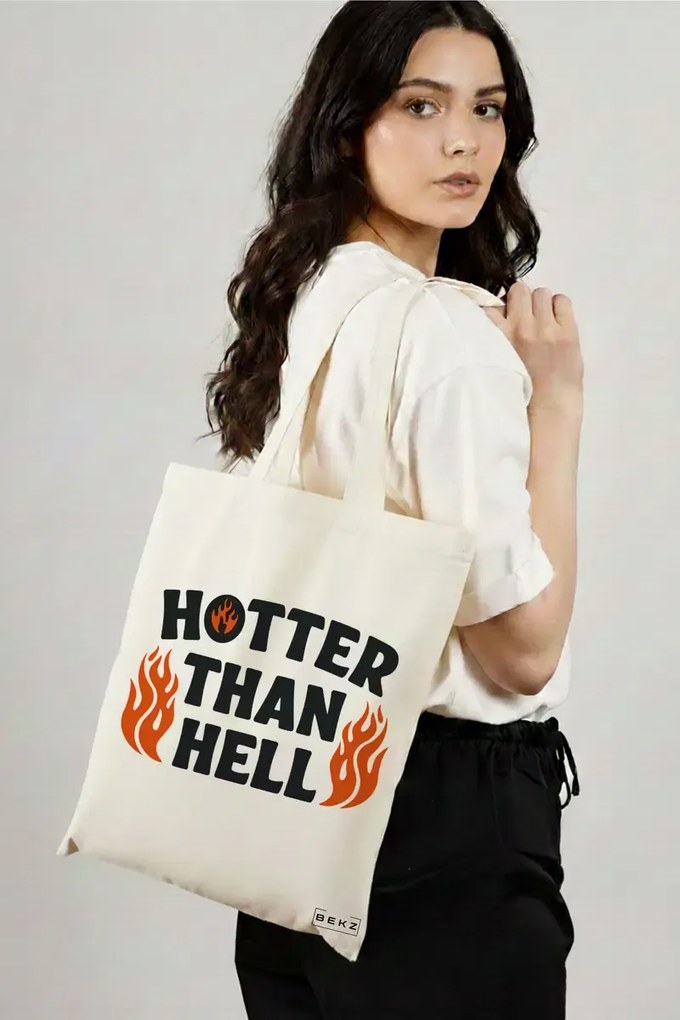 Sacosa de Panza pentru Cumparaturi, Geanta Tote, model Hotter Then Hell 38 x 34.5 cm, Alba, BEKZ®