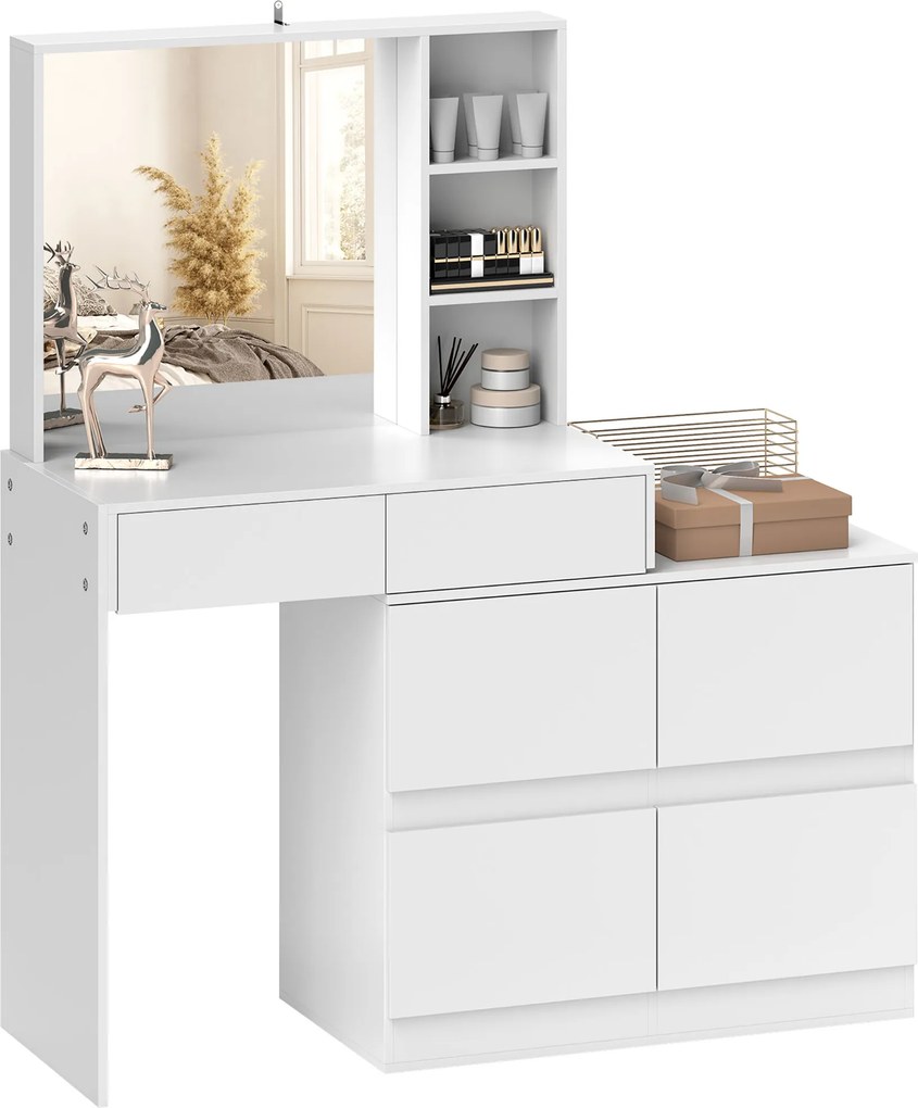 HOMCOM Masă de machiaj, masă pentru machiaj cu oglindă mare, 4 sertare, 3 compartimente deschise, 2 dulapuri, MDF, Alb | Aosom Romania