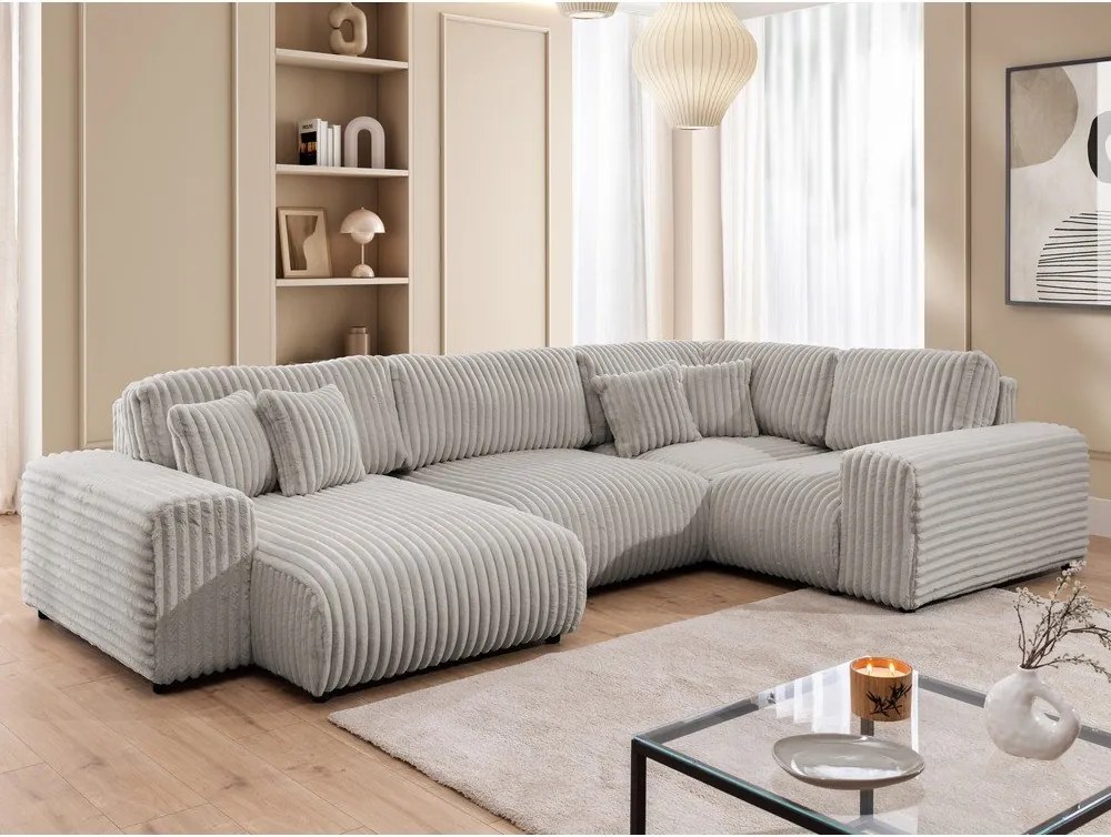 Colțar gri deschis cu tapițerie din catifea reiată (cu colț pe partea dreaptă/în formă de "U") Justin – Ropez