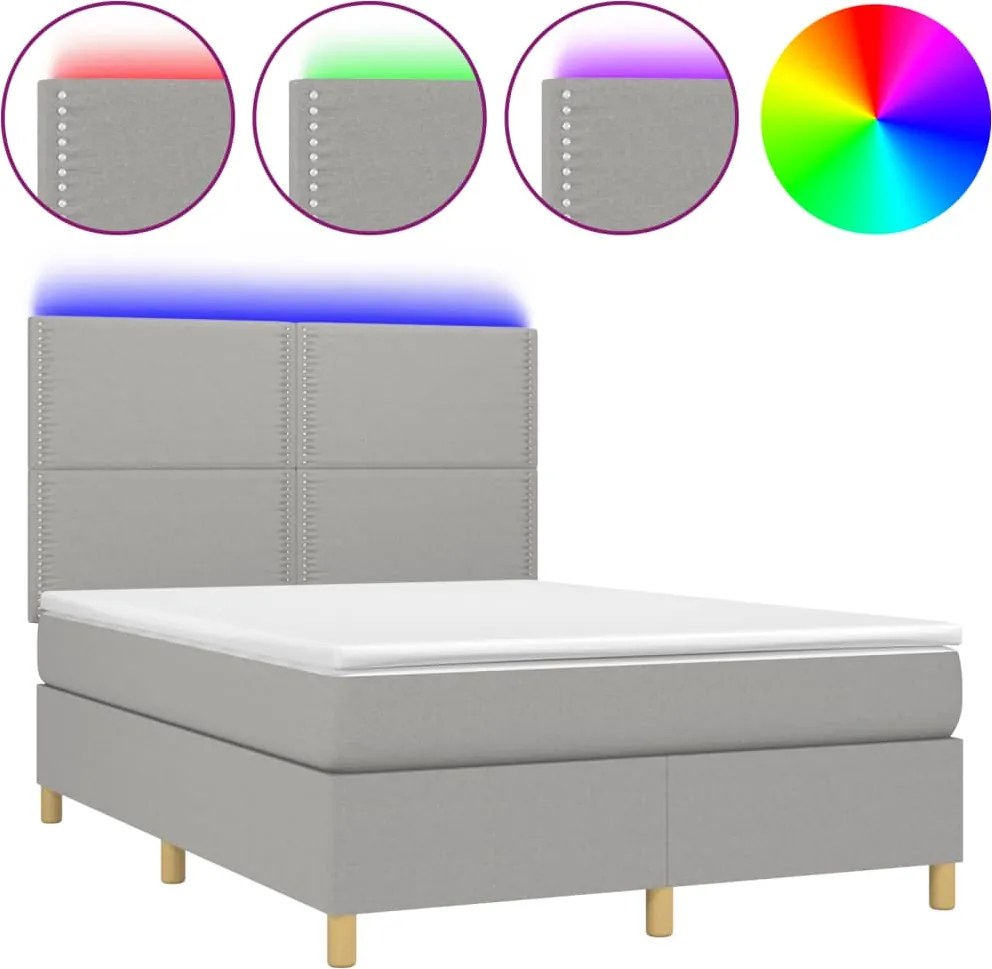 vidaXL Pat cu arcuri, saltea și LED, gri deschis, 140x200 cm, textil