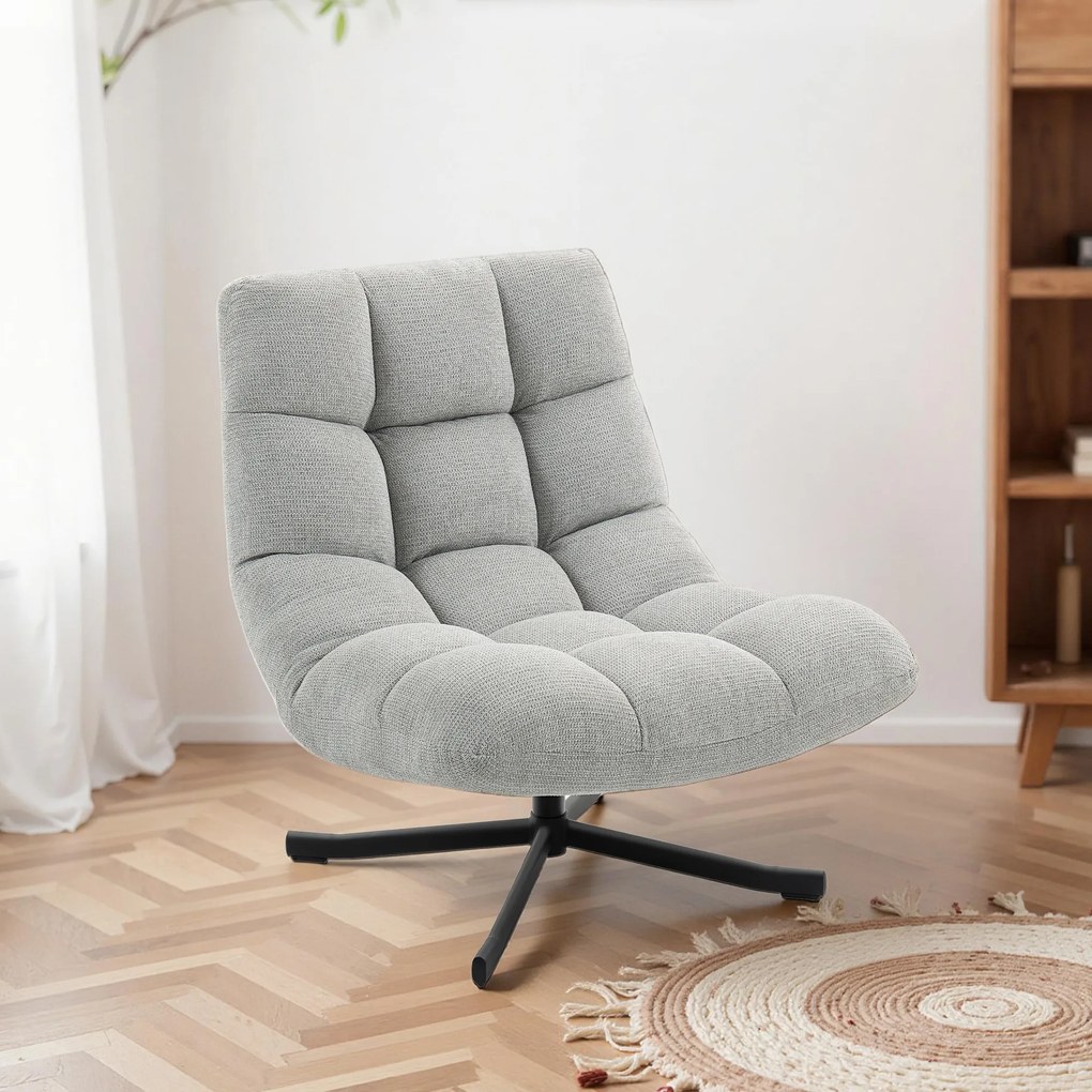 HOMCOM Fotoliu rotativ cu șezut lat, aspect chenille rezistent la apă, picioare din oțel încrucișate, Gri deschis | Aosom Romania