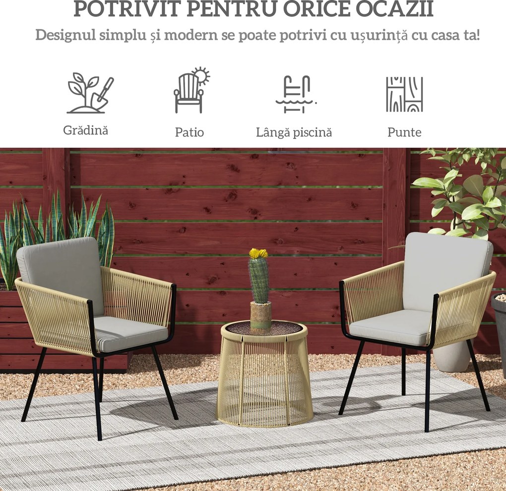 Outsunny Set mobilier de Grădină cu 2 Scaune și Măsuță de Cafea cu Blat din Sticlă, Ø49x47 cm, Maro | Aosom Romania