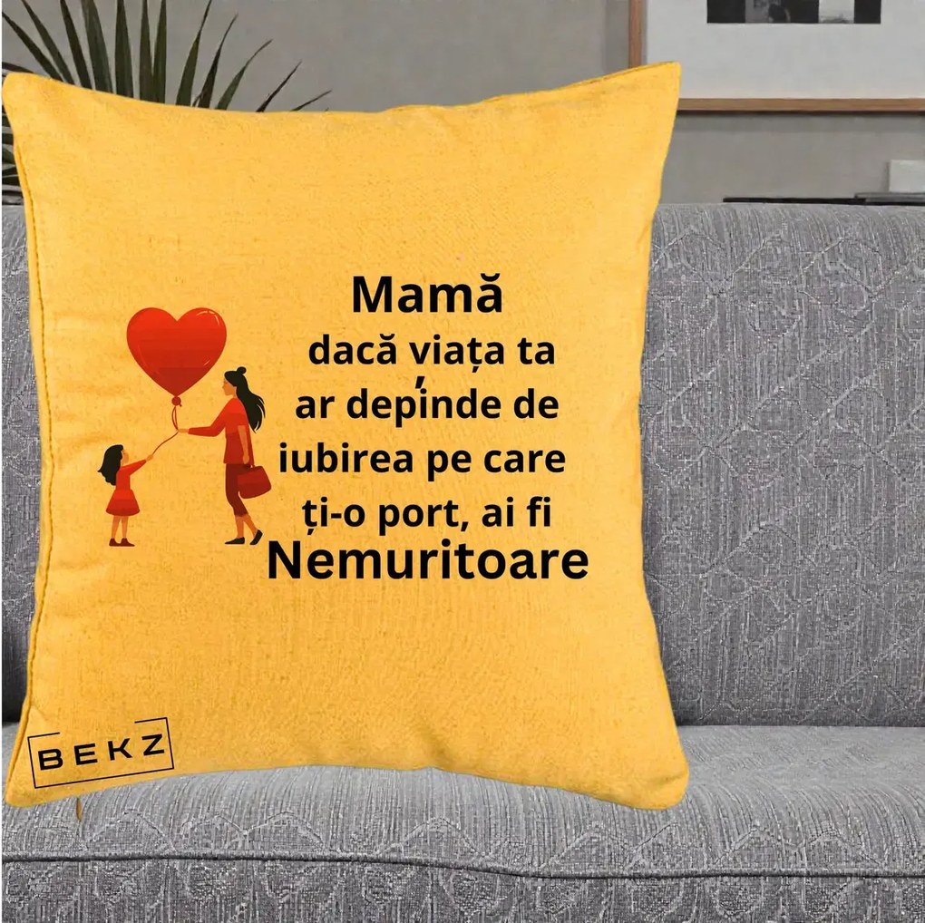 Cadou pentru Mama - Perna Personalizata Mama Nemuritoare cu Bebelus Kawaii, 40x40 cm, Galben, Husa Detasabila, Perna Inclusa, BEKZ®