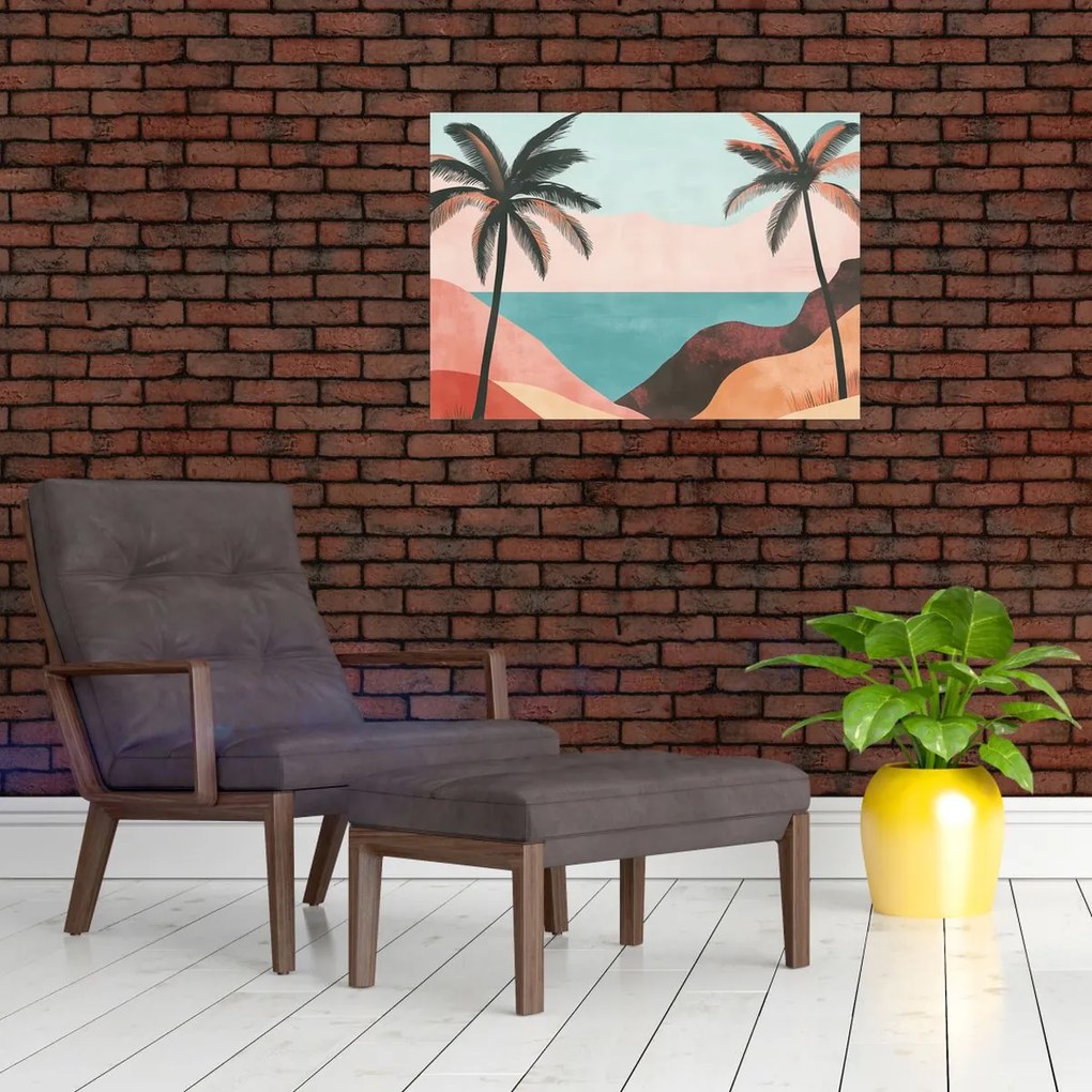 Tablou pe sticlă - Palmieri la mare (70x50 cm)