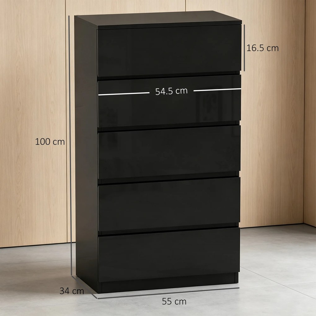 HOMCOM Comodă cu 5 Sertare din Lemn, pentru Dormitor, Design Modern și Multifuncțional, 55x34x100 cm, Negru | Aosom Romania