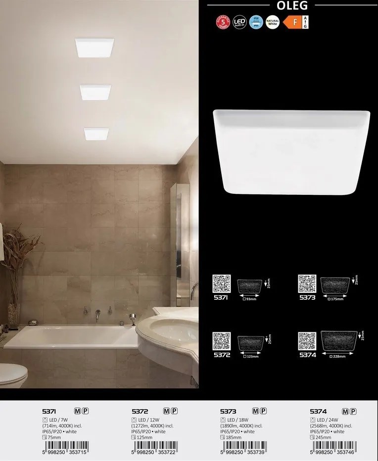 Plafoniera LED incastrabila pentru baie IP20/IP65 Oleg alb 22,8x22,8cm