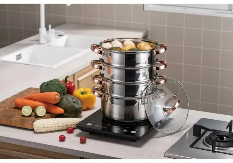 Oala pentru gatit la aburi Klausberg KB 7727, 18 cm, 2,5 L, 5 piese, Inductie, Inox/Aur roz