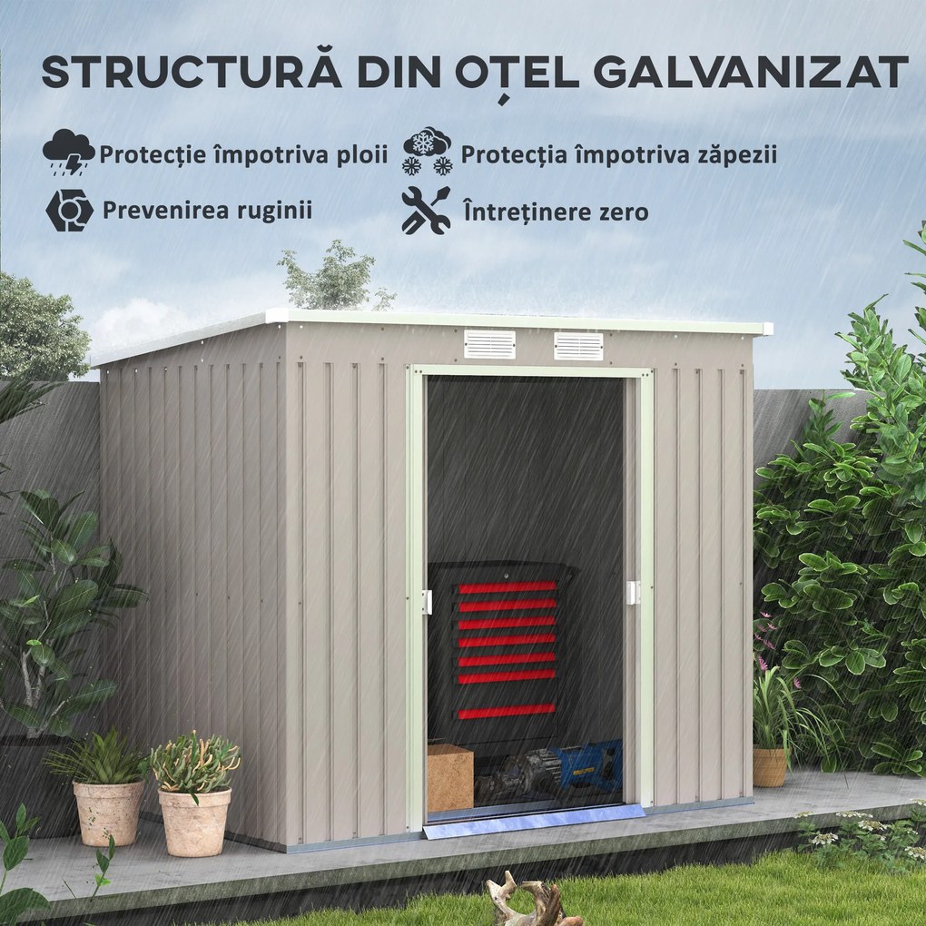 Outsunny Magazie de Grădină pentru Unelte cu Acoperiș Înclinat, Intrare Dublă și Prize de Aerisire, 213x130x172 cm, Gri | Aosom Romania