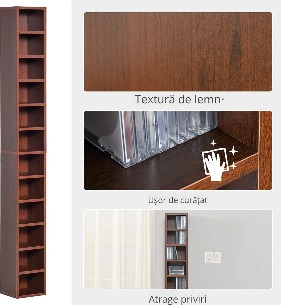 Biblioteca tip coloana cu 12 etajere, din MDF, sustine maxim 15kg 21x20x175cm, maro HOMCOM | Aosom RO