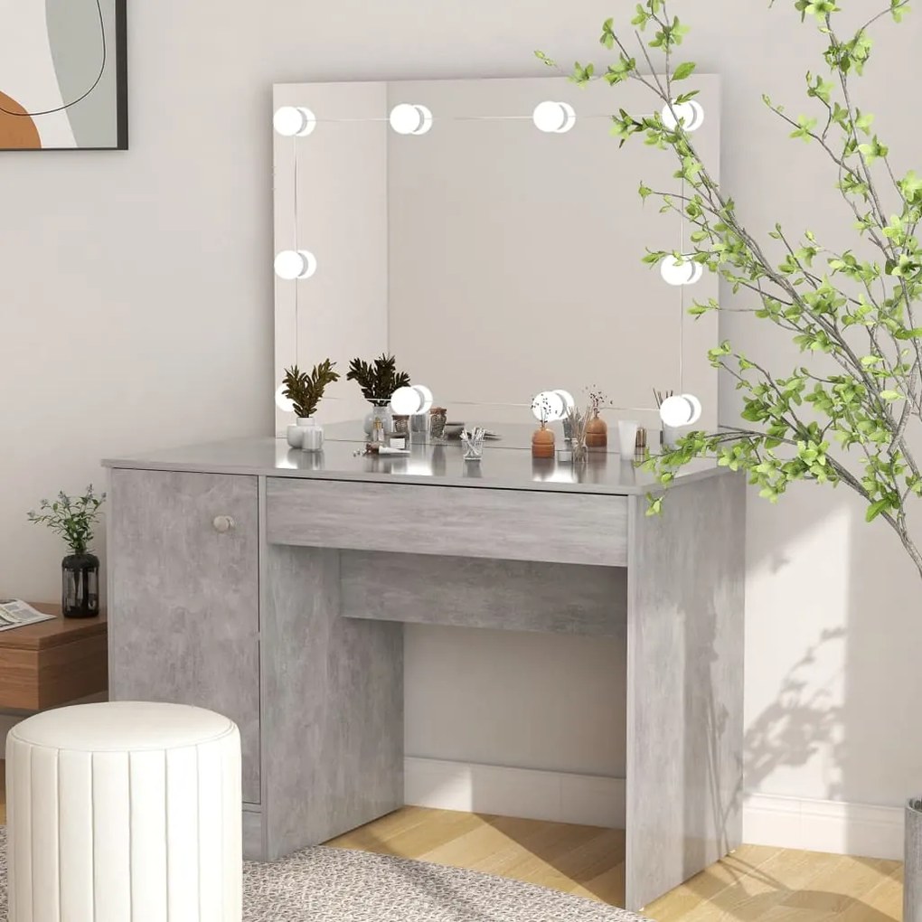 331552 vidaXL Masă de machiaj cu lumini LED, gri beton, 110x55x145 cm, MDF