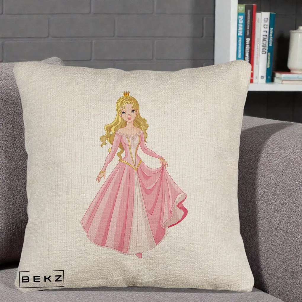 Perna Decorativa Printesa Aurora Rochie Roz, 40x40 cm, Bej Canapea, Husa Detasabila, Perna Inclusa, BEKZ®