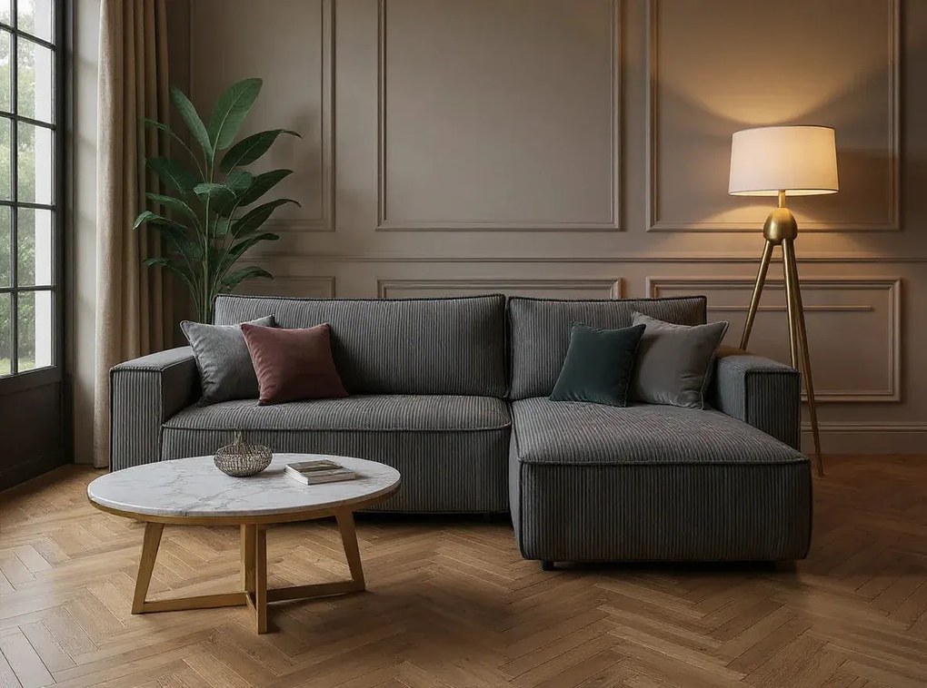 Coltar Extensibil 3 locuri Armando, cu ladă de depozitare, Verde - Gri, 240 x 147 x 85 cm