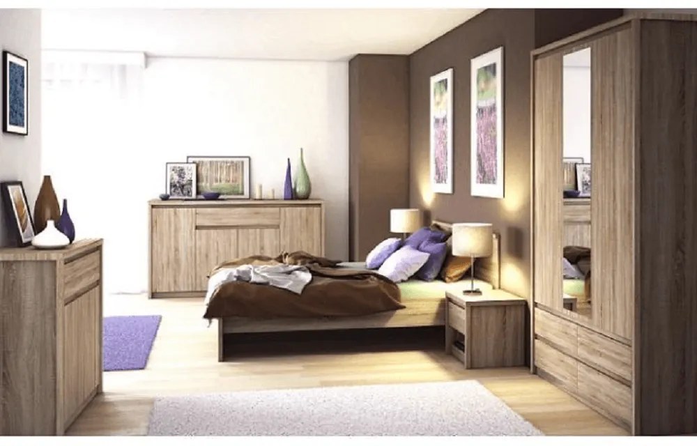 Set dormitor NORTY stejar sonoma dulap, pat, 2 noptiere