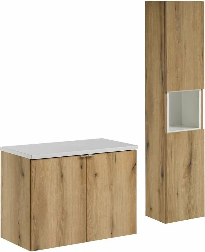 Set dulap baza suspendat 80 cm cu blat, dulap coloana si dulap suspendat Comad Nova alb mat si stejar Coast Evoke