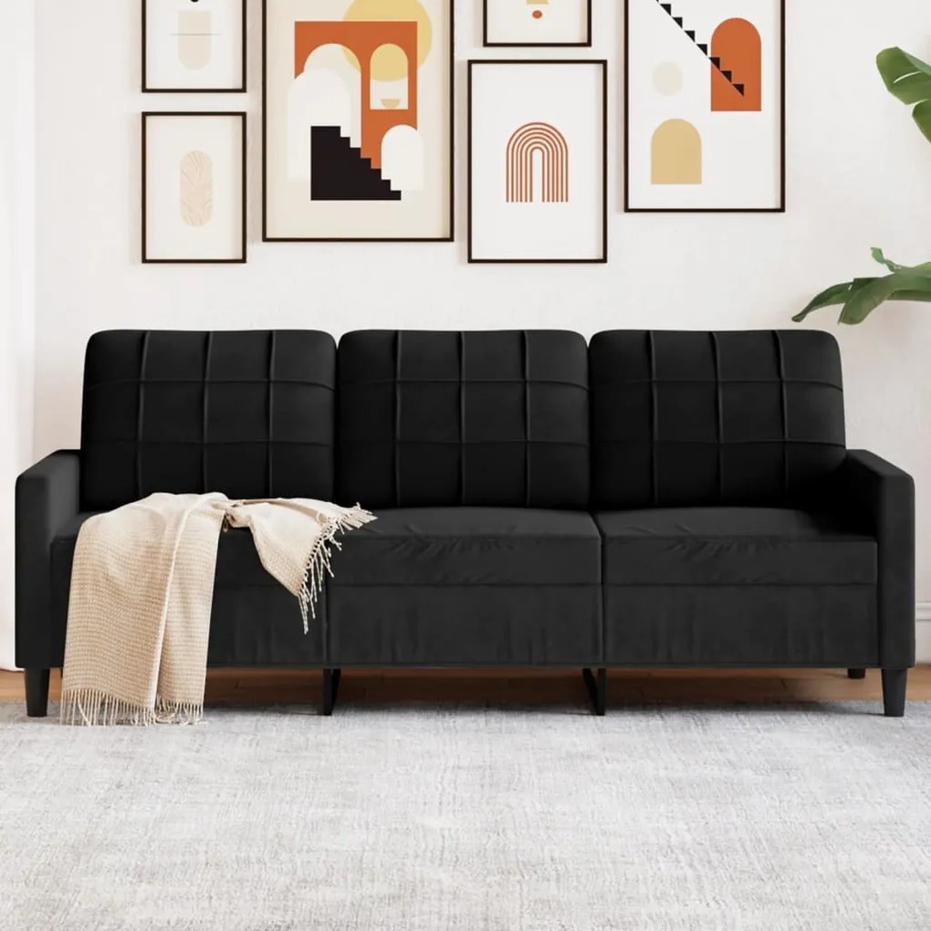 vidaXL Canapea cu 3 locuri, Negru, 180 cm, catifea