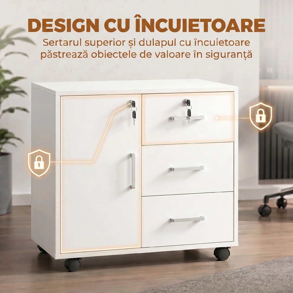 HOMCOM Dulap de Birou cu 3 Sertare și Dulăpior cu 3 Rafturi Reglabile, Sertar pentru Documente, 60x40x56 cm, Alb | Aosom Romania