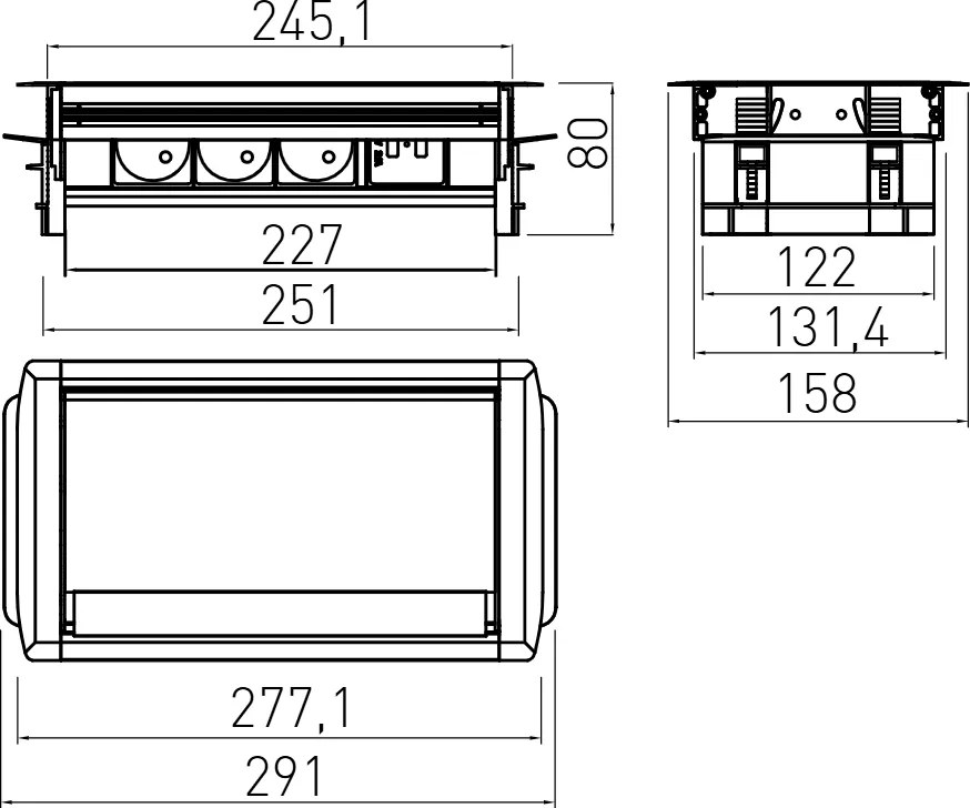 Priză încorporabilă în blat GTV, 3 prize Schuko, 2 x USB A, aluminiu, 291 x 158 mm Aluminiu, Aluminiu, L:291 mm; l:158 mm; H:80 mm