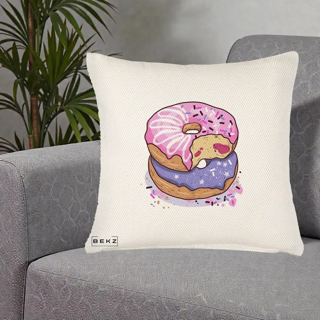Perna Decorativa Donuts Roz si Mov, 40x40 cm, Crem Reliefat, Husa Detasabila, Perna Inclusa, BEKZ®
